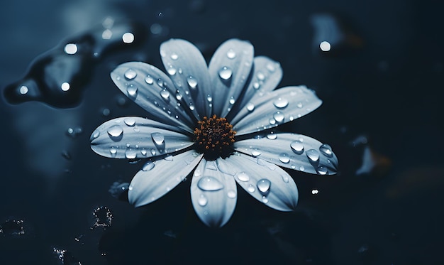 una flor en el agua con gotas de agua en ella