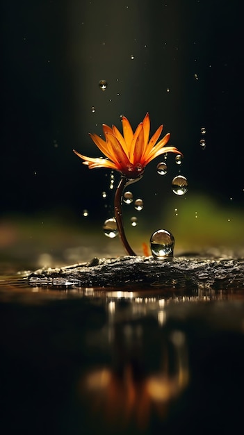 Una flor en el agua con gotas de agua