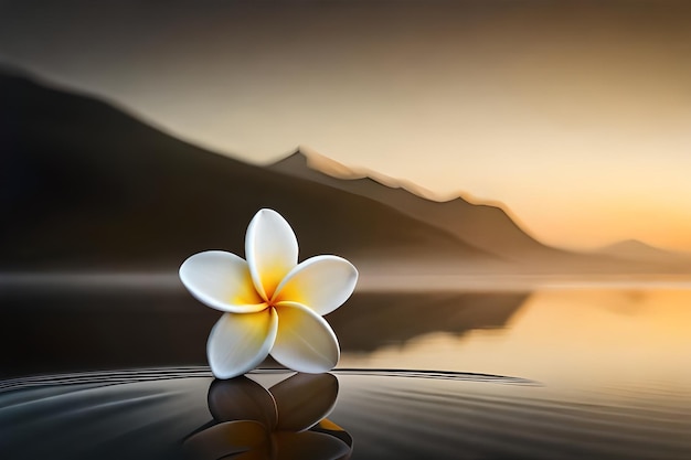 una flor en el agua con una puesta de sol en el fondo