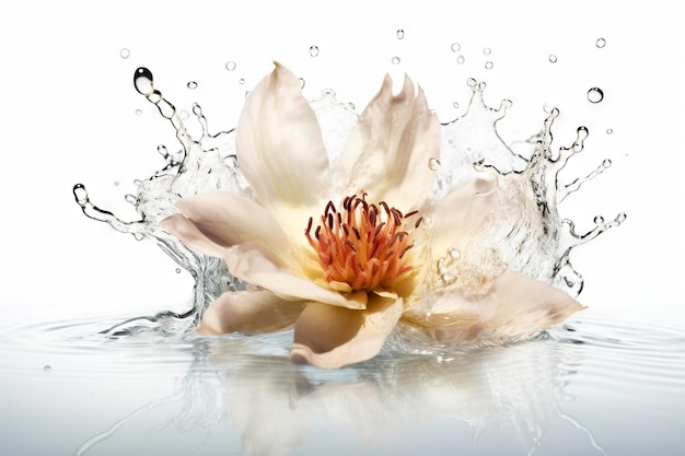 Flor en agua salpicada Concepto de frescura floral con gotas de agua para embalaje cosmético de humedad y cuidado personal Generado por IA