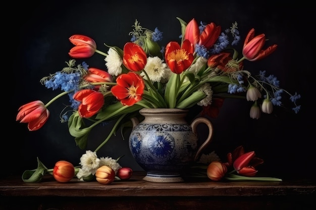 Flor ainda vida buquê em vaso vintage tulipa flores arte antigos mestres holandeses pintura óleo lona imitação abstrata generativa ai ilustração