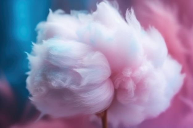 Una flor de algodón rosa con un fondo azul.