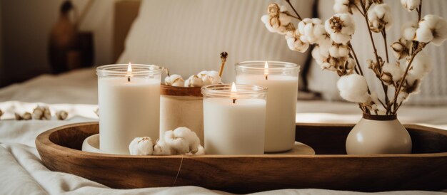 Foto flor de algodón y velas de mecha de madera en una bandeja