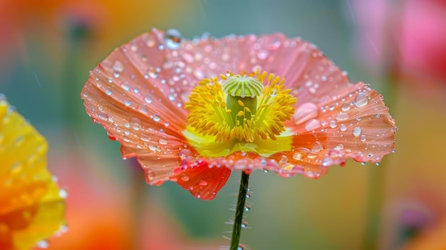 Flor de amapola rosa vibrante con gotas de rocío en los pétalos de primer plano en un colorido fondo floral borroso