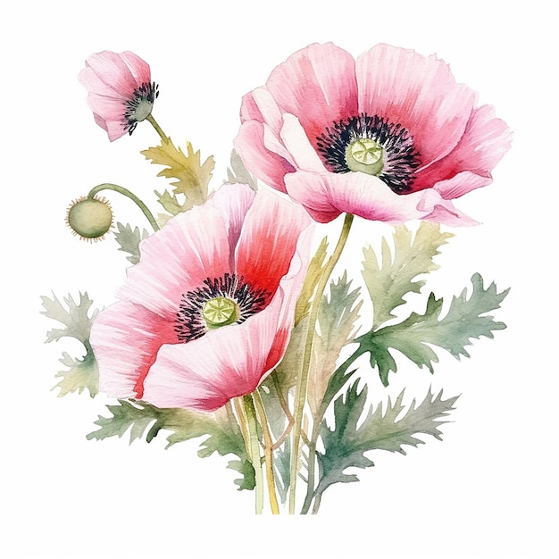 Flor de amapola Vector de acuarela Ilustración botánica vintage