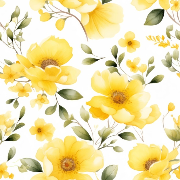 Flor amarela de cor de água sem costura com padrão de folha em fundo branco