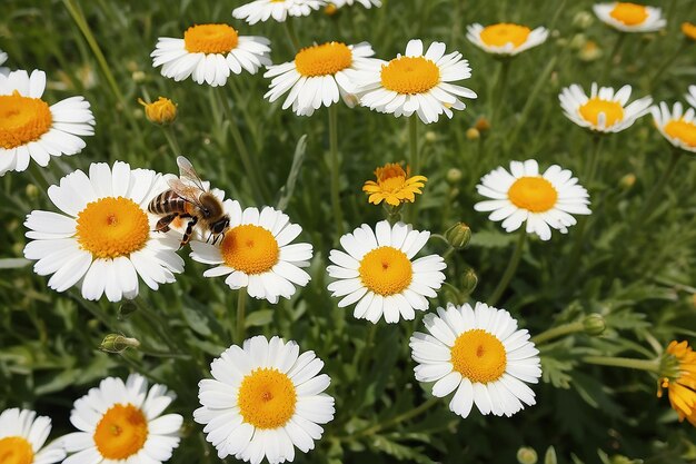 Foto flor amarilla y abejas cerca de la flor calendula y las abejas apis mellifera isoladas en blanco