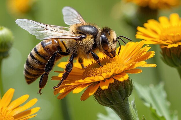 Foto flor amarilla y abejas cerca de la flor calendula y las abejas apis mellifera isoladas en blanco