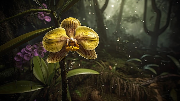 Una flor amarilla en un bosque con un fondo oscuro