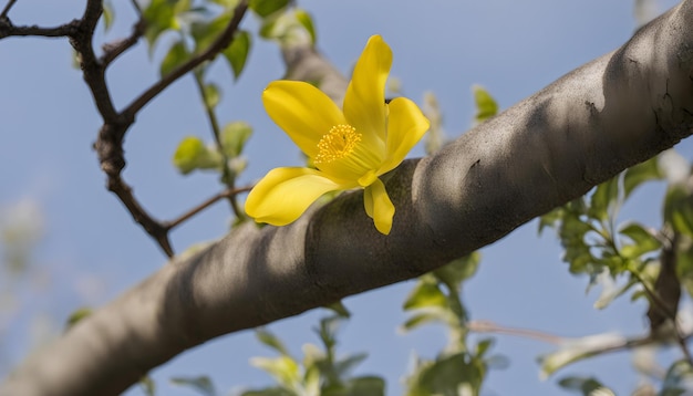 una flor amarilla está creciendo en una rama de árbol