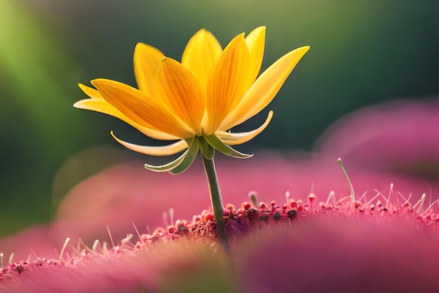 Una flor amarilla está en medio de una flor rosa.