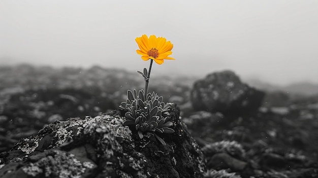 una flor amarilla está en una roca con las palabras diente de león en ella