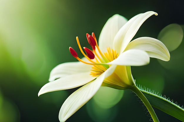 Una flor amarilla con estambres rojos y un estambre amarillo.