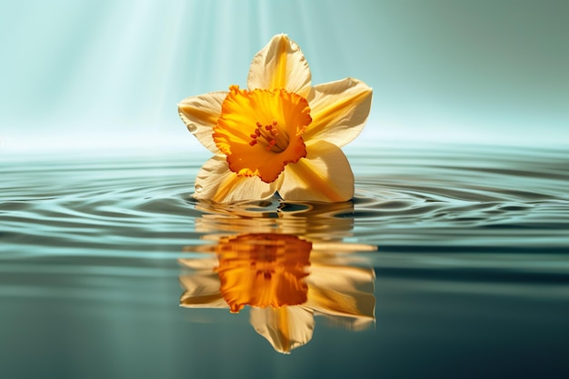 Una flor amarilla flotando en el agua con un fondo azul.