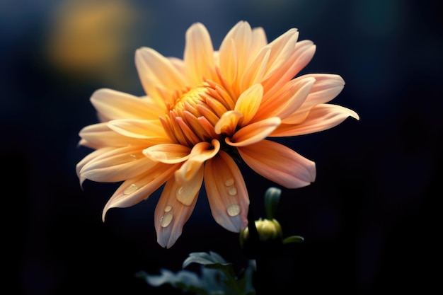 Flor amarilla con gotas de agua en un fondo oscuro