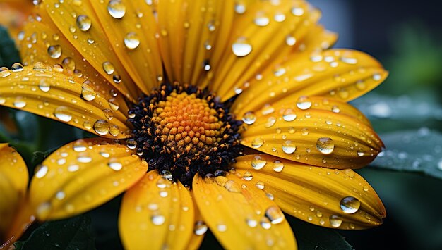 una flor amarilla con gotas de agua y gotitas de agua en ella