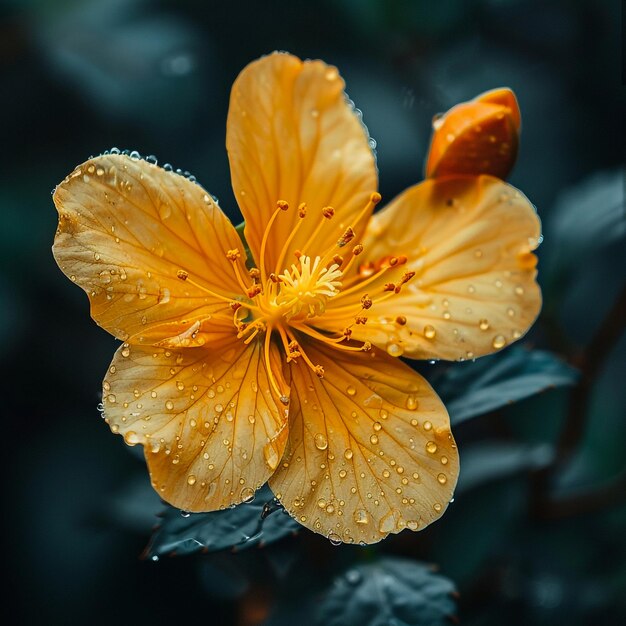 Foto una flor amarilla con gotas de agua sobre ella y las gotas de lluvia sobre ella