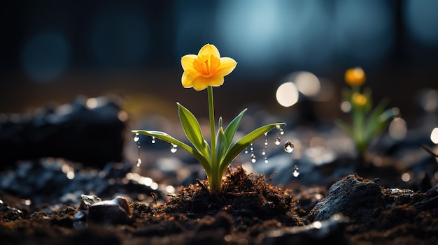 Una flor amarilla con gotas de agua