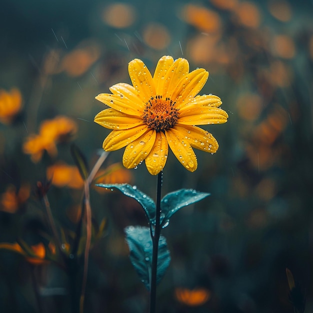 Foto una flor amarilla con gotas de lluvia en ella