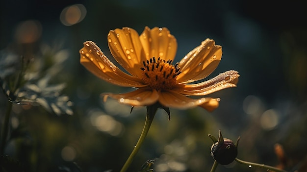 Una flor amarilla con gotas de lluvia