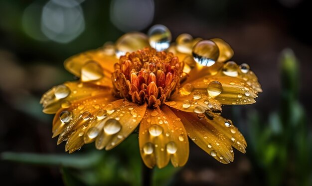 Una flor amarilla con gotitas de agua