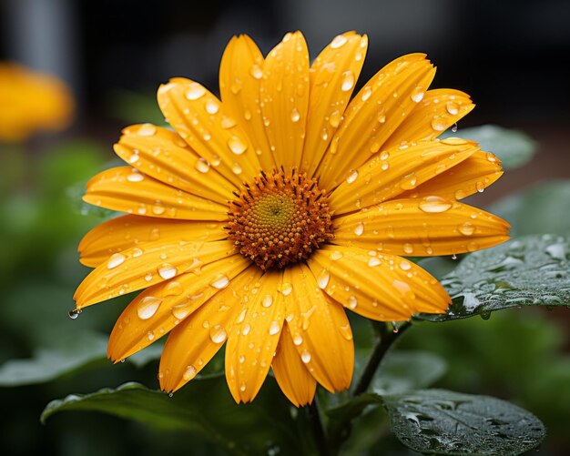 Una flor amarilla con gotitas de agua