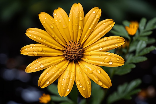 Una flor amarilla con gotitas de agua