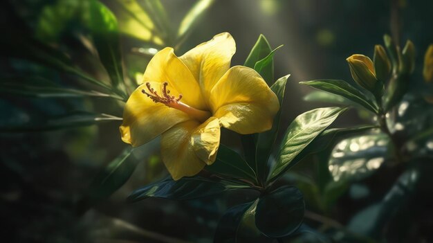 Una flor amarilla con la palabra hibiscus en ella
