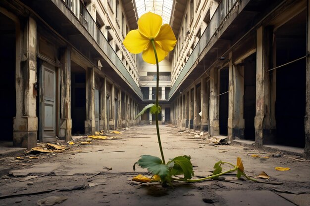 Flor amarilla en un pasillo de un edificio abandonado Imagen conceptual