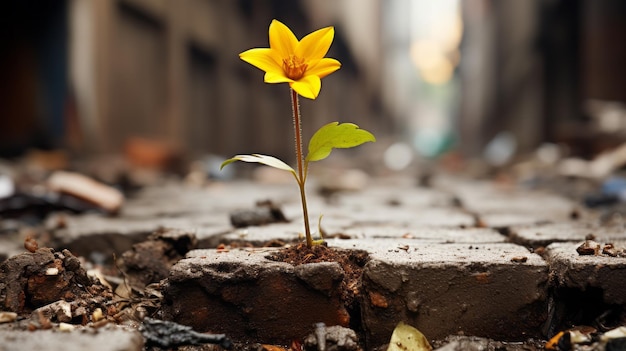 una flor amarilla que crece en una pared de ladrillos