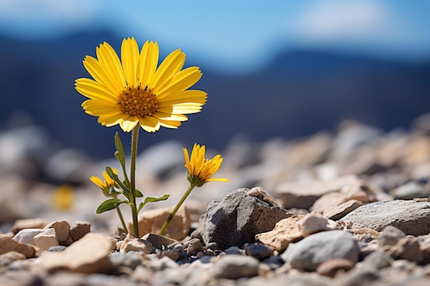 una flor amarilla que crece en un suelo rocoso