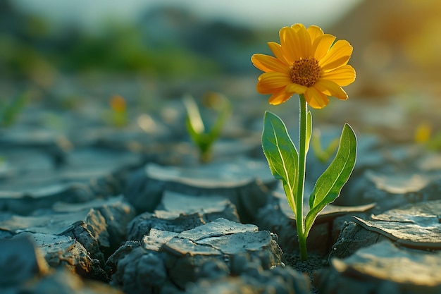 Una flor amarilla resistente que emerge de una grieta en el suelo