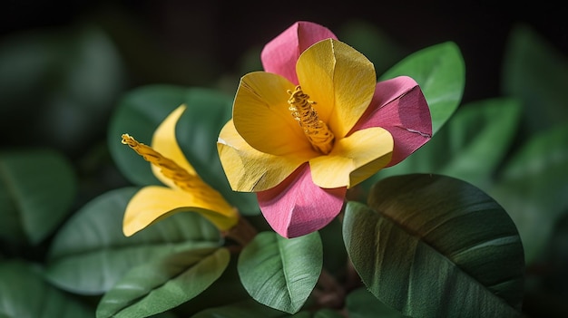 Una flor amarilla y rosa con un centro amarillo y una hoja verde.