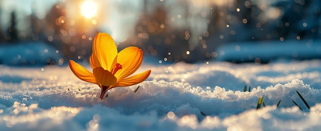 La flor amarilla solitaria en la nieve