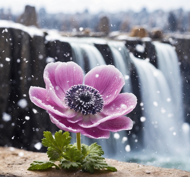 Flor de anémona frente a una cascada en un día de invierno