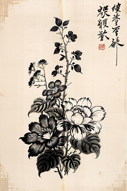 Flor antiga estilo tinta aquarela chinesa pintando um ramo de flores coleção exposição de arte