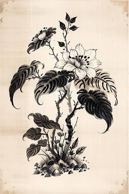 Foto flor antiga estilo tinta aquarela chinesa pintando um ramo de flores coleção exposição de arte