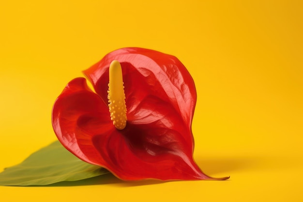 flor de anturio rojo aislada en un fondo amarillo