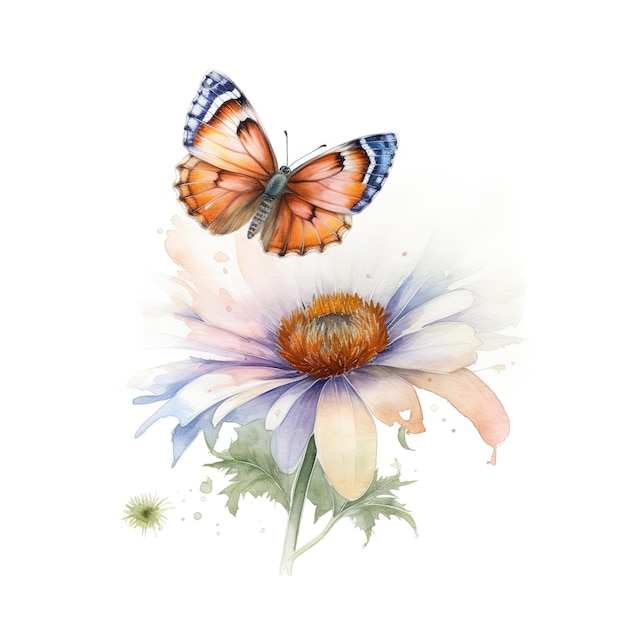 flor aquarela com borboleta no fundo branco