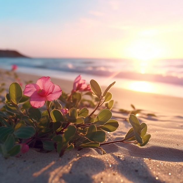 Una flor en la arena al atardecer.