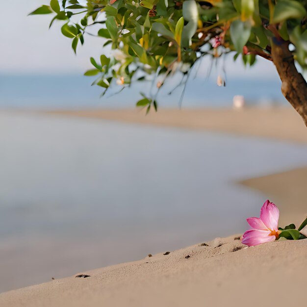 una flor en la arena con un árbol en el fondo