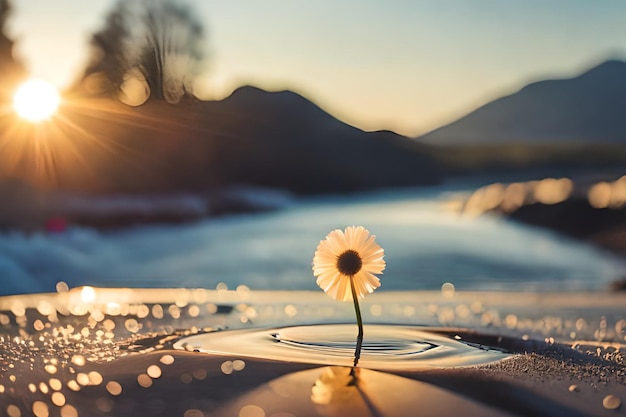 Una flor en la arena con el sol brillando sobre ella.