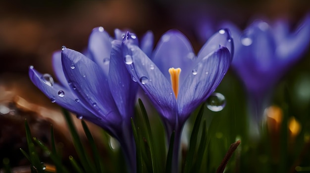 Una flor de azafrán azul con la primera en el medio.