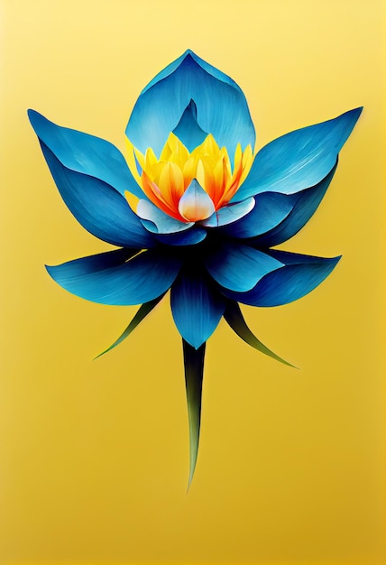 Foto flor azul amarela em um fundo amarelo flores em aquarela vista lateral lugar para copiar o texto ilustração da flor