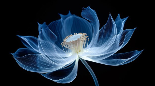 una flor azul y blanca con la palabra ".