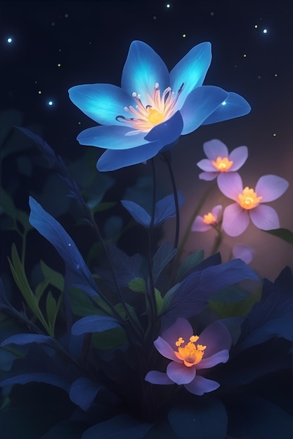Foto una flor azul brillante en la noche