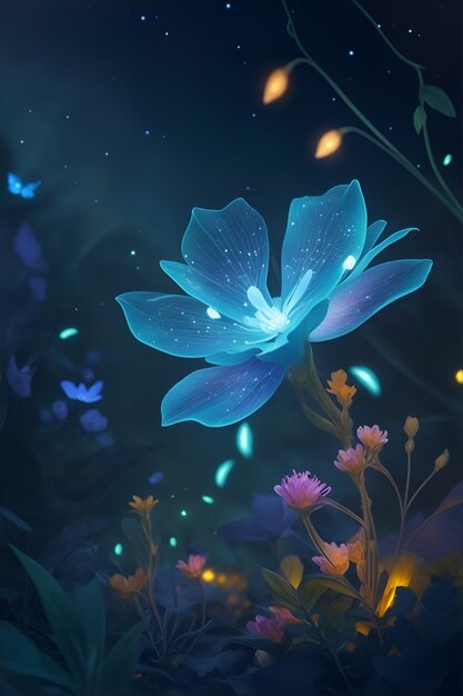 Foto una flor azul brillante en la noche