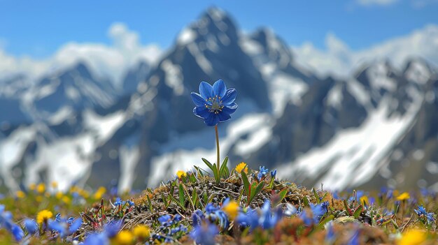 La flor azul en el campo con las montañas