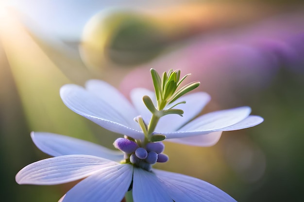 Una flor azul con un capullo verde en el centro.