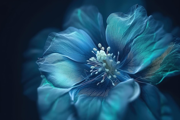 Una flor azul con estambres blancos sobre un fondo negro IA generativa